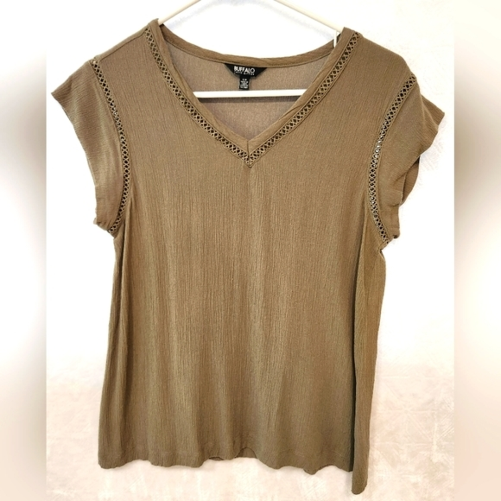 Womens Buffalo David Bitton Crinkled Olive Crochet Top T Shirt Viscose Sz S‎